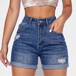 Ripped Detail Cuffed Hem Denim Shorts
